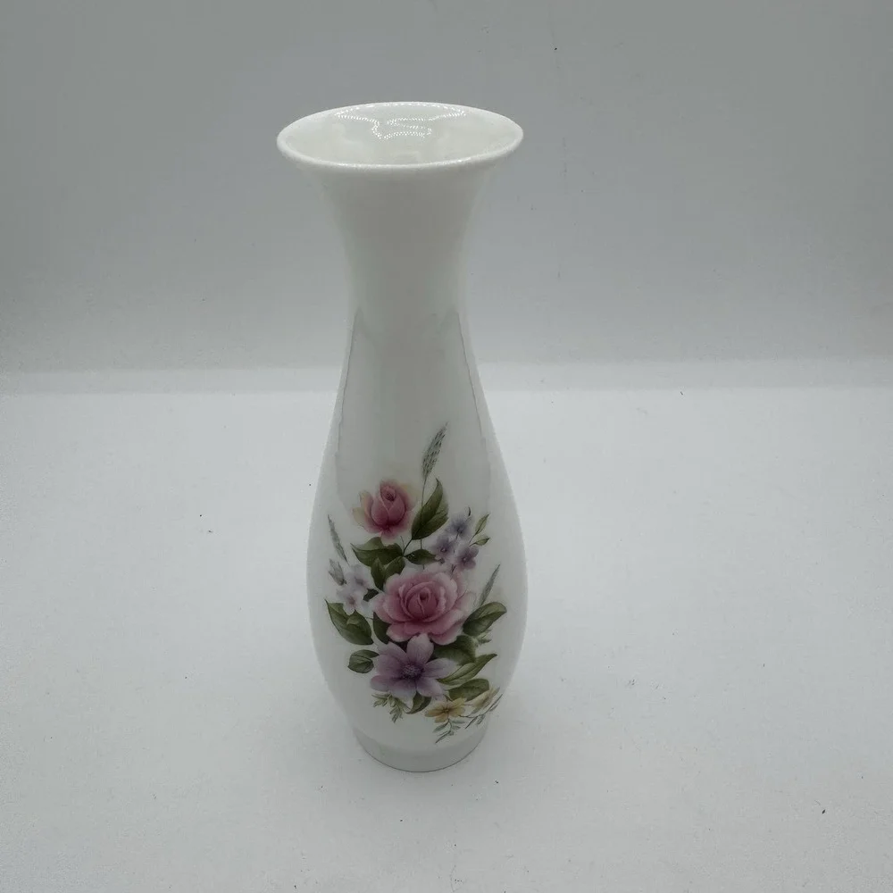 Vintage Floral White Porcelain Bud Vase Transferware MCM Taiwan Cottagecore